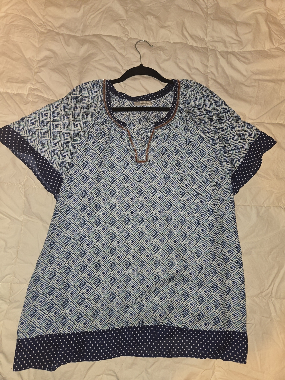 dressbarn Blue Patterned Short Sleeve Tunic with Navy Polka-Dot Trim